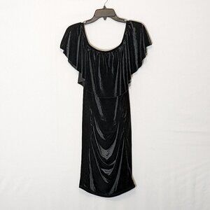 Women's BABY BUMP Black Velvet Bodycon Maternity Dress; Neck Ruffle Size XS